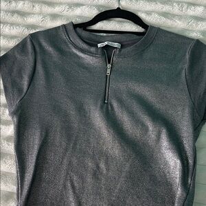 Zara Metallic Short-Sleeve Zip-Front Top — Silver Gray
